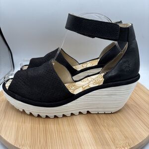 Fly London Yake Women's 8-8.5 39 Black Leather Peep-toe Perforated Wedge Sandal